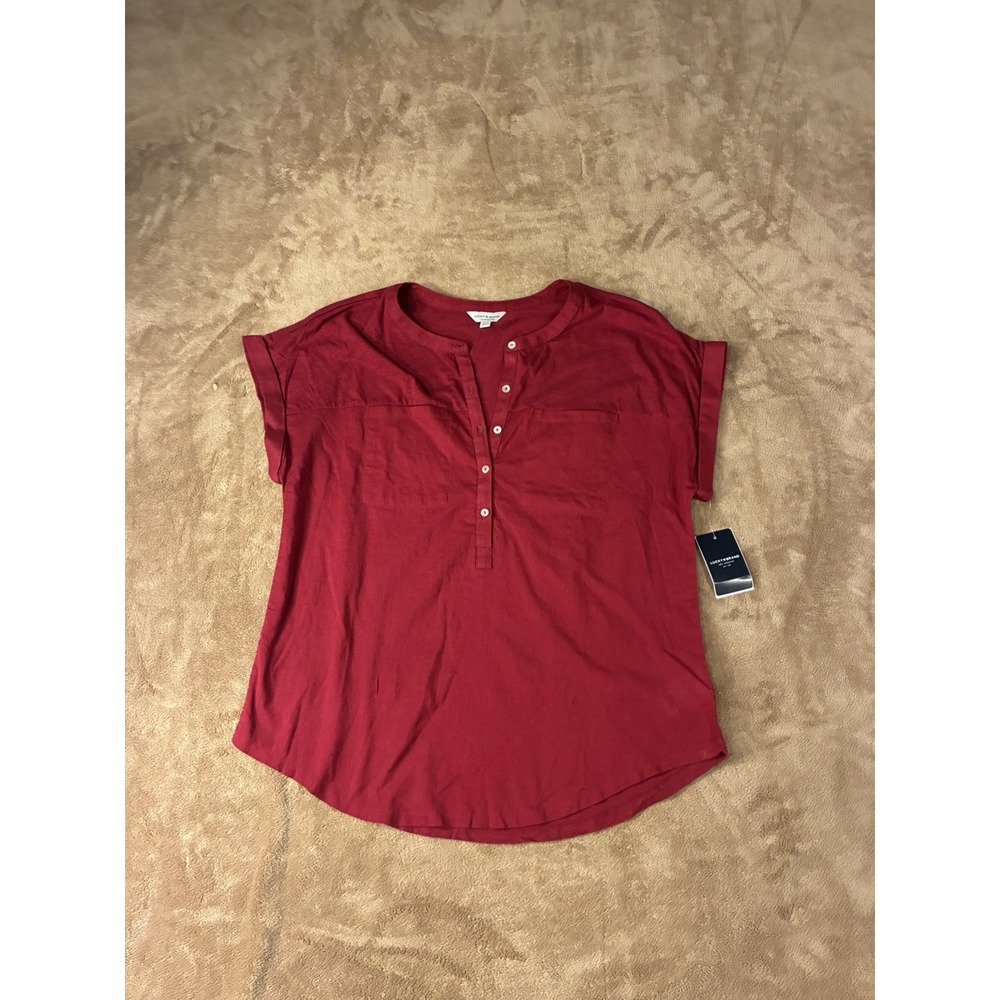 NWT Lucky Brand Womens Red Linen Blend Short Sleeve Henley Blouse Top Medium